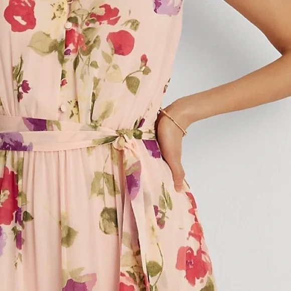 Lauren Ralph Lauren Floral Crinkled Georgette Dress in Pink/Sage/Multi - Picture 4 of 12
